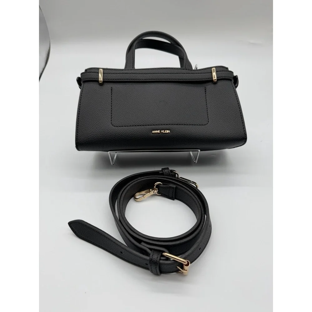 Anne Klein East West Satchel Purse Black Leather Top Handle Crossbody Bag
